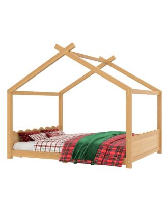 Streamdale Queen House Floor Bed with Solid Wood Frame for Kids, Natural