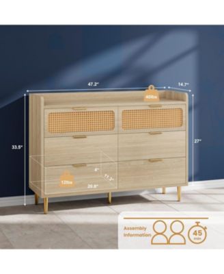 6-Drawer TV Stand Dresser with Railed Edge, Mid Century Modern Gold-Leg Rattan Design, Double Dresser Storage Organizer