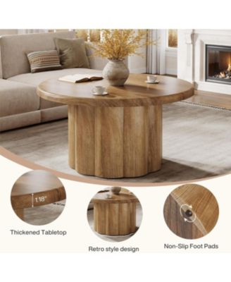 31.5" Round Coffee Table for Living Room, Farmhouse Circle Center Cocktail Table with Fluted Drum Base, Wooden Living Room Furniture