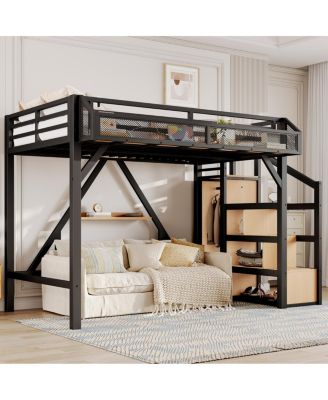 Twin XL Loft Bed with Storage Stairs, Shelves, Wardrobe, USB, LED Lights