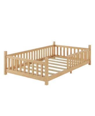 Twin House Bed with Light, Low Floor, Fence, Roof for Kids Boys Girls
