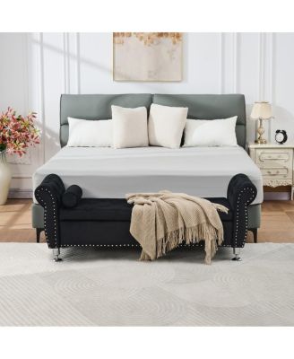 Streamdale Soft Velvet Storage Bench with Crystal Buttons & Pillow (Black)