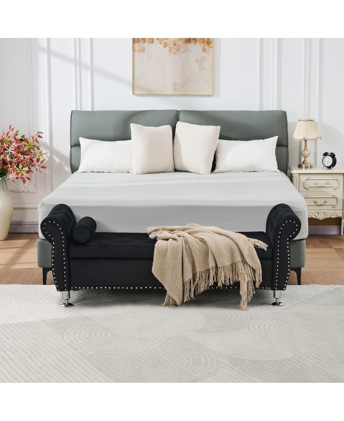 Streamdale Soft Velvet Storage Bench with Crystal Buttons & Pillow (Black)