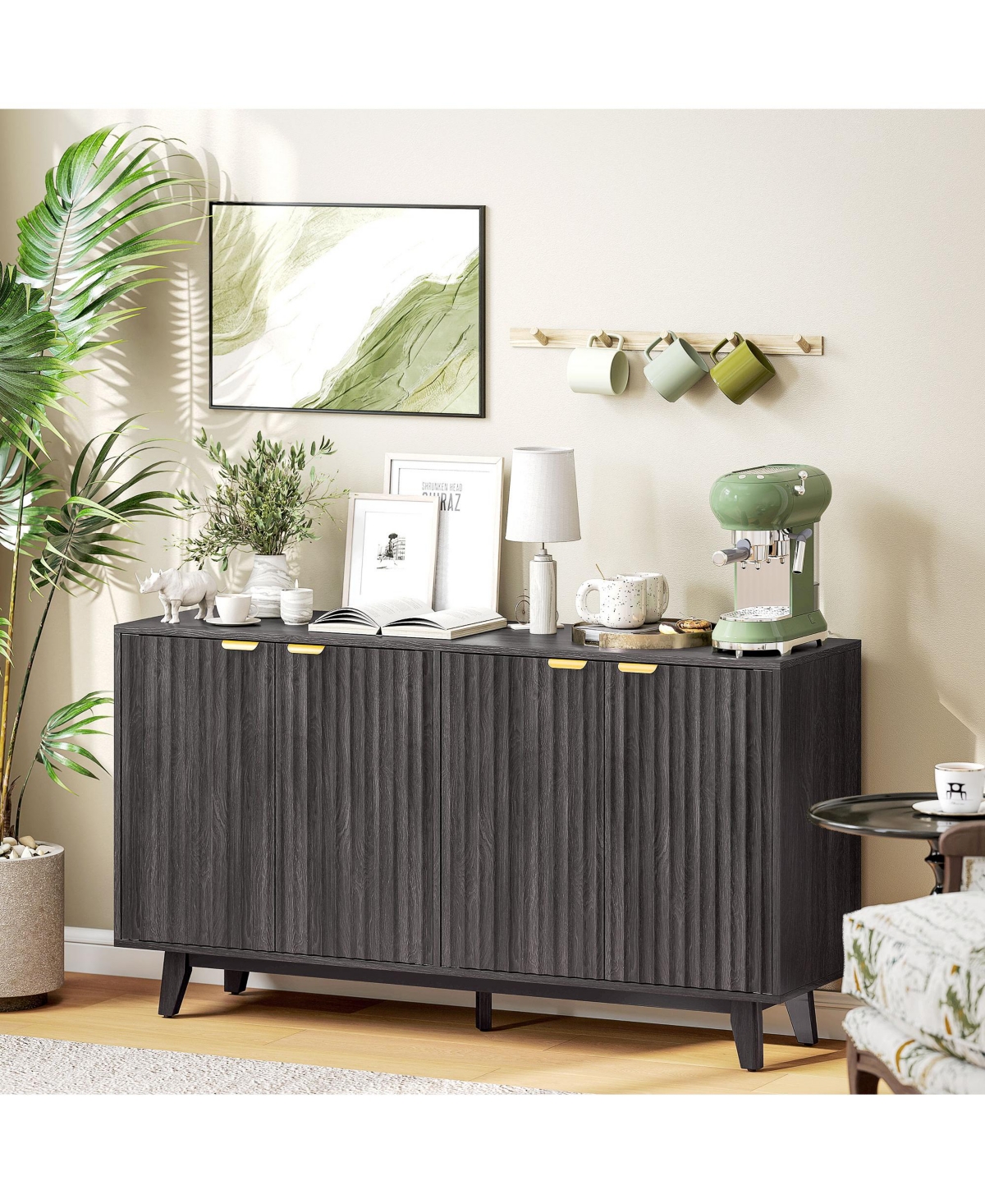 Homcom 55" Modern Sideboard Buffet Cabinet with Fluted Doors Wood Legs