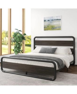 Heavy Duty Round Metal Frame Platform Bed with Wood Panel Headboard