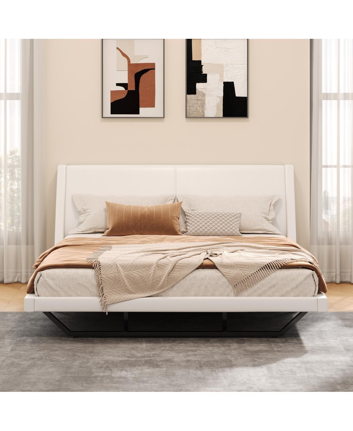 Streamdale Furniture King Size White Pu Leather Upholstered Platform Bed Frame, No Box Spring Needed