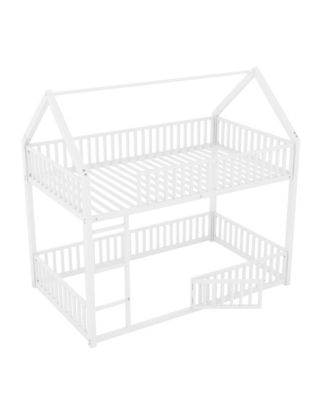 Metal Twin over Twin House Bunk Bed with Fence and Door