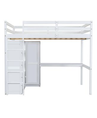 Wood Full Size Loft Bed with Built-in Wardrobe, Desk, Storage Shelves and Drawers