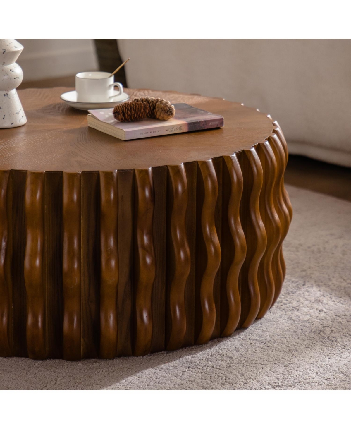 Streamdale Furniture Drum Fluted Coffee Table - Modern Round Center Table