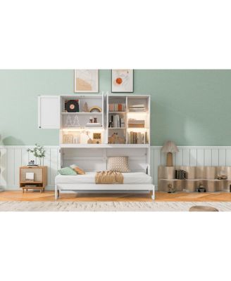Twin Size Wall Murphy Bed with Cabinet, Shelves, Light & USB