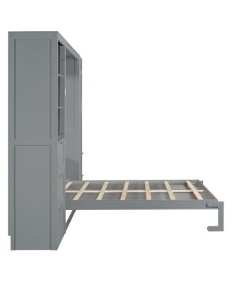Queen Size Murphy Bed Wall Bed with Closet, Drawers and Shelves, Gray