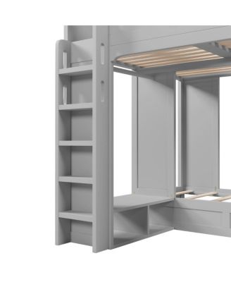 Triple Bunk Bed with Storage Shelves and Hooks
