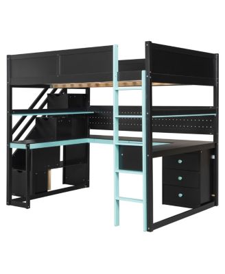 Full Size Wooden Gaming Loft Bed with Storage Stairs, Desk, Shelves & Pegboard, Black+Blue
