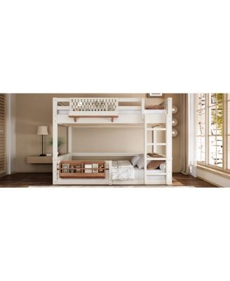 Queen Bunk Bed with Ladder, Guardrails, Pegboard & Bookshelf, Beige