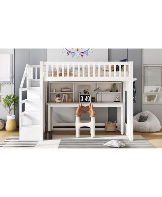 Twin Loft Bed with Desk, Storage Shelf & Stairs