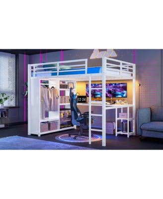 Queen Size Loft Bed Frame with Wardrobe, Desk & Shelves