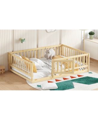 Full Size Montessori Floor Bed with Fence and Door, Oak