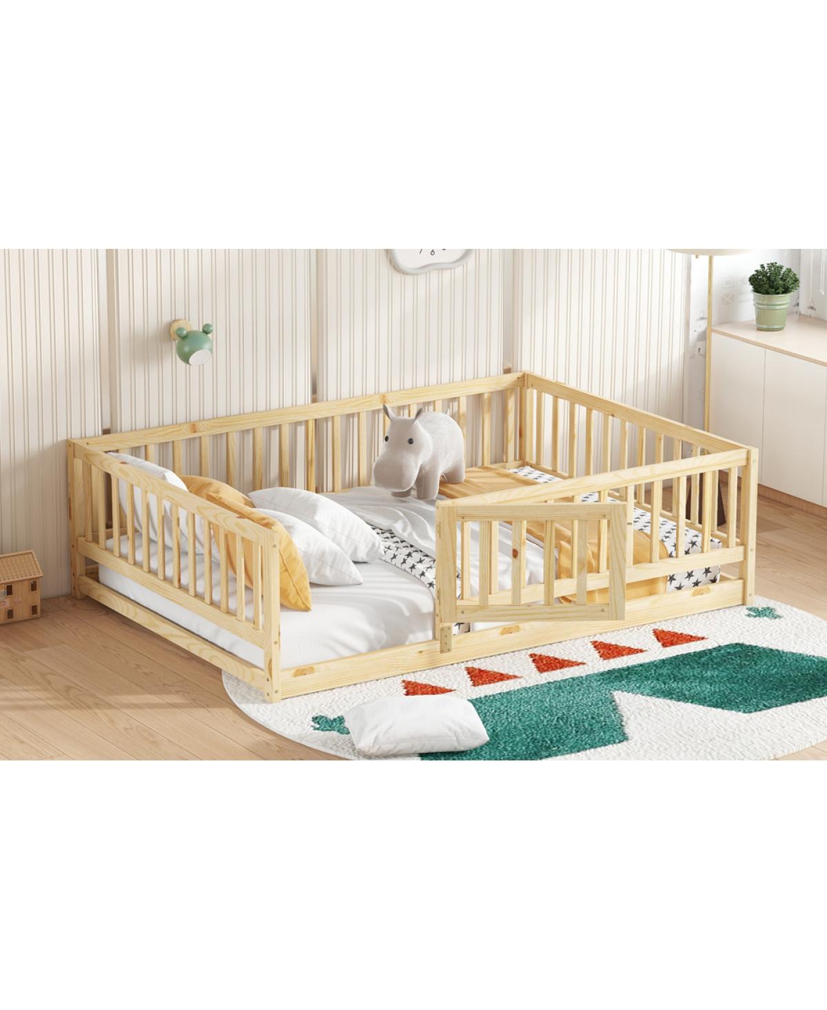 Streamdale Furniture Full Size Montessori Floor Bed with Fence and Door, Oak