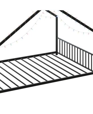 Children's Full Size Bed Frame with LED Lights, Roof-Shaped Iron, Black