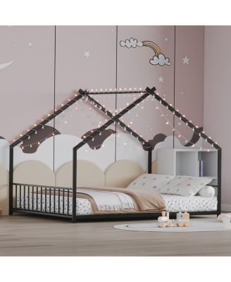 Children's Full Size Bed Frame with LED Lights, Roof-Shaped Iron, Black