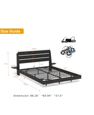 Queen Floating Bed Frame with LED Lights & Charging Station