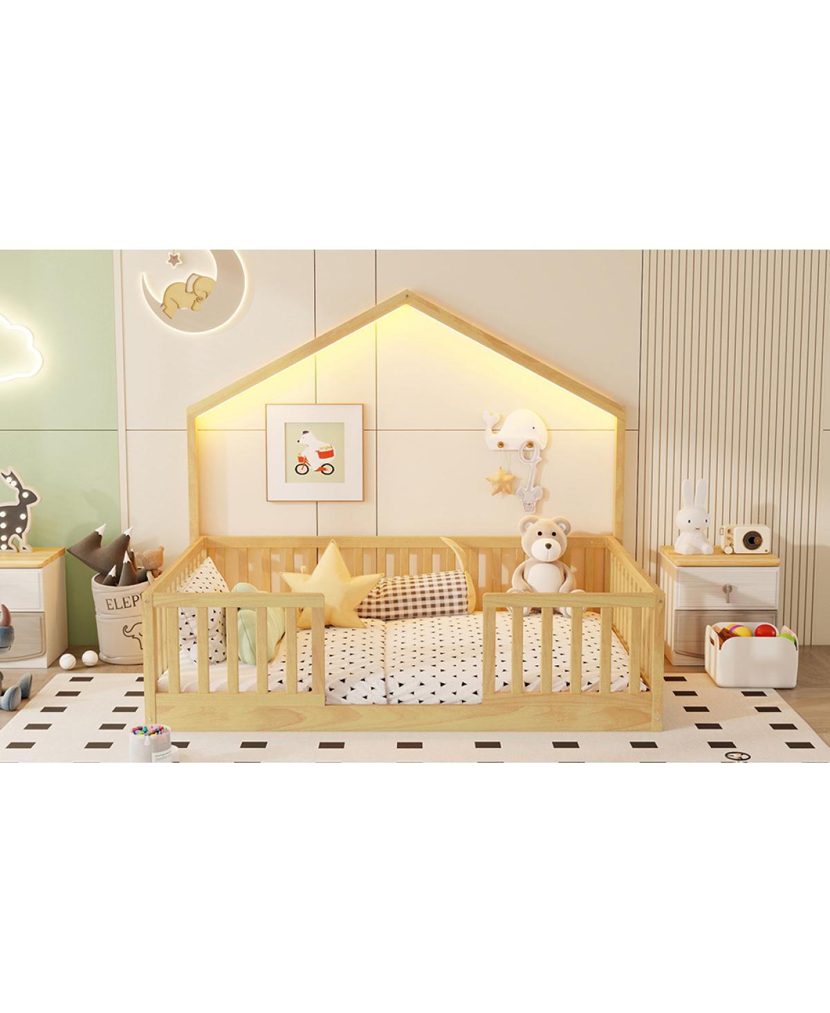 Streamdale Furniture Full Floor Bed with High Rails, Wooden Montessori Bed with Light for Kids