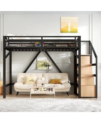 Full Loft Bed with Storage Stairs, Shelves, Wardrobe, USB, LED, Noise-Reduced