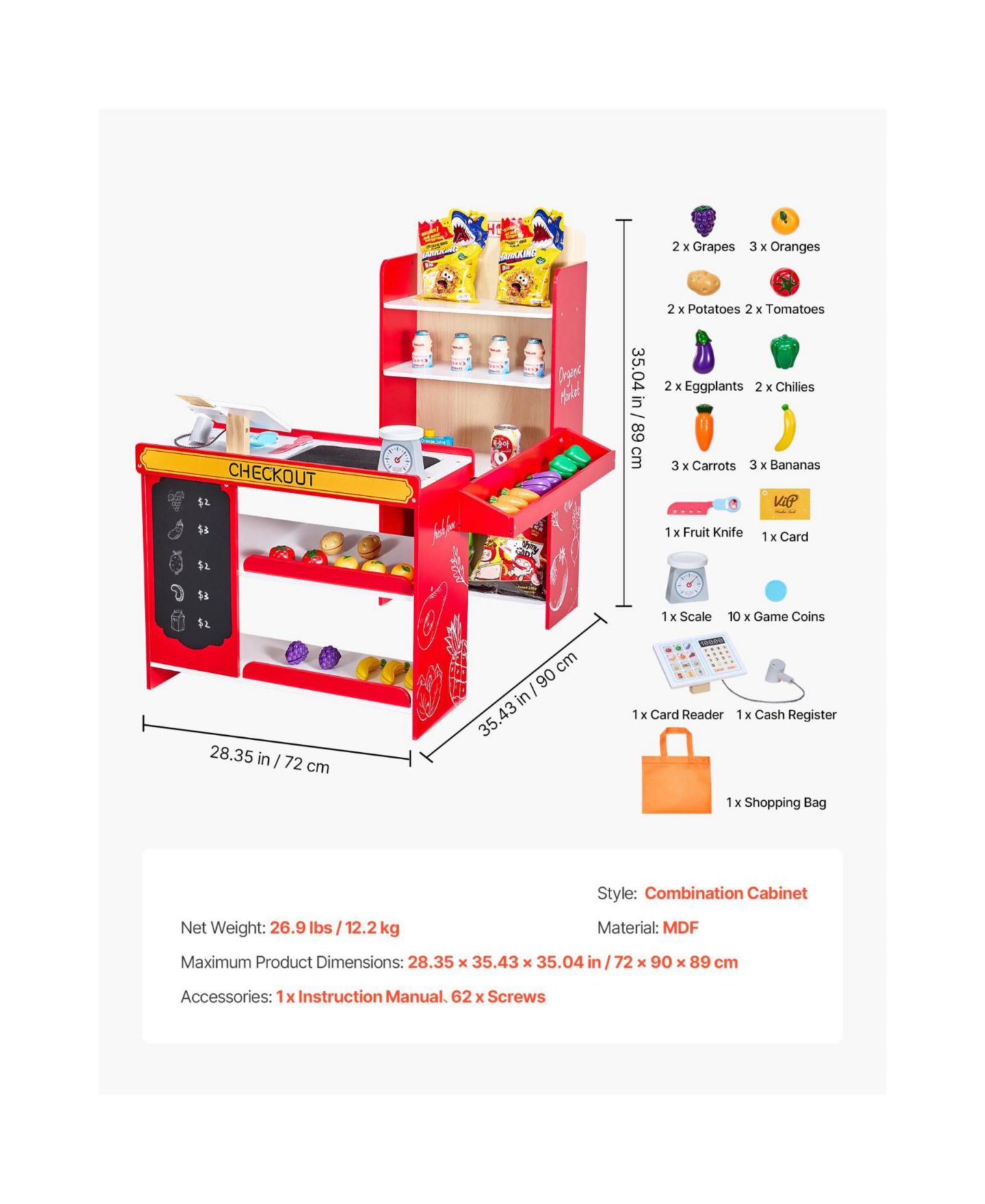 Детский игровой набор Slickblue Kids Grocery Store Playset with Conveyor Belt, Ages 2+, цвет: Красный — фото 3