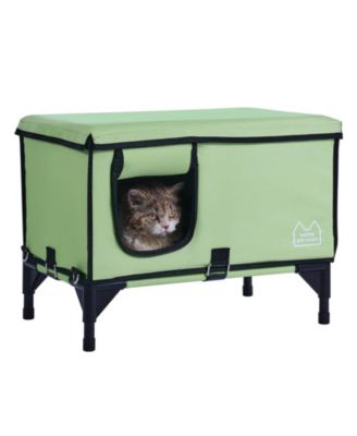 Green Elevated Heated Cat House Cuboid Kitty Shelter with Heating Pad (M)