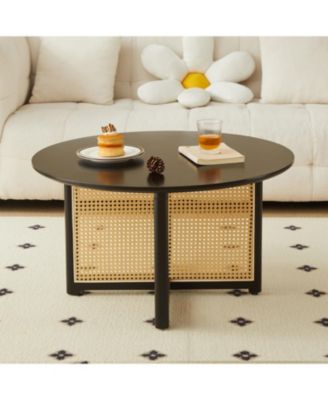 Mid-Century Bohemian Coffee Table 31.5" Round with PE Cane Stand