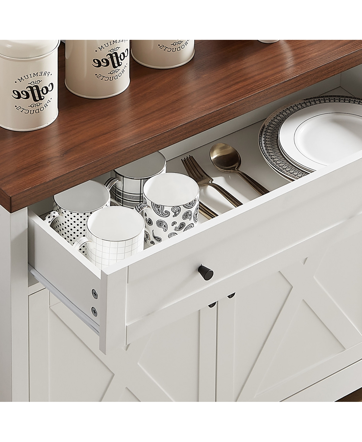 Streamdale Furniture Tv Cabinet Set: 113.5"W Wall Unit with 2 Sideboards, White/Walnut