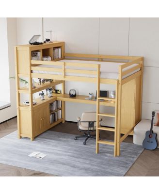  Wood Loft Bed with Cabinet, Bookshelf, Wardrobe & Desk, Queen Size