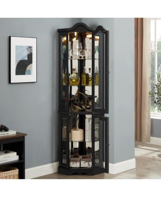 Streamdale Lighted Oak Curio Cabinet with Tempered Glass Doors & Shelves - Black