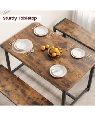 3 Piece Dining Table Set for 4 with Space-Saving Benches, Tabletop, Steel Frame, Modern Farmhouse Kitchen Table for Small Spaces