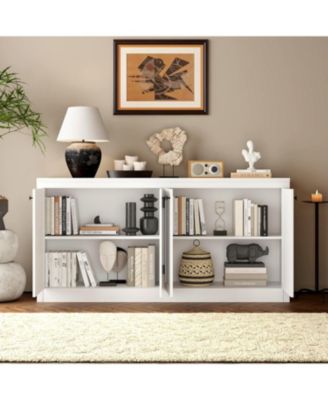 63" Buffet Sideboard with 4 Striped Door, Wooden Buffet Cabinet with Storage, Modern Coffee Bar Cabinet with Adjustable Shelf