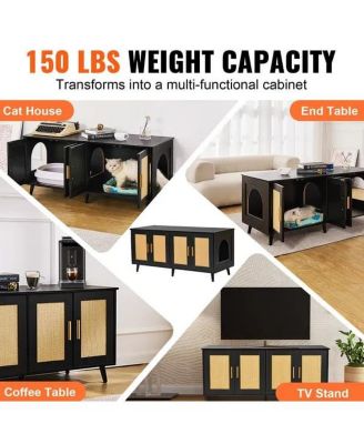 Black Wooden 2-Room Cat Litter Box Enclosure