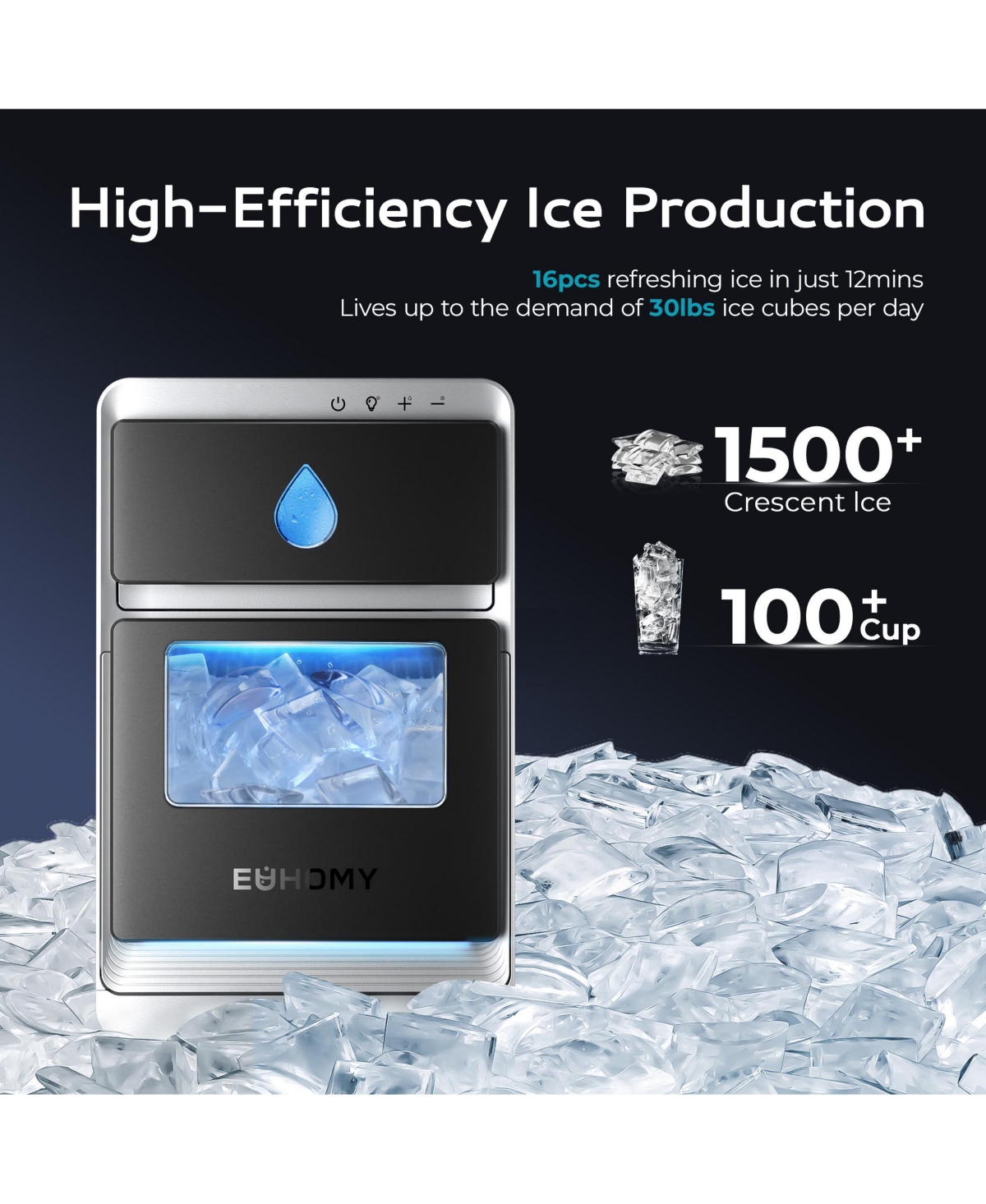 Euhomy 26lbs Per Day Portable Crescent Ice Maker Countertop in Black with Ice Scoop and Self-Cleaning