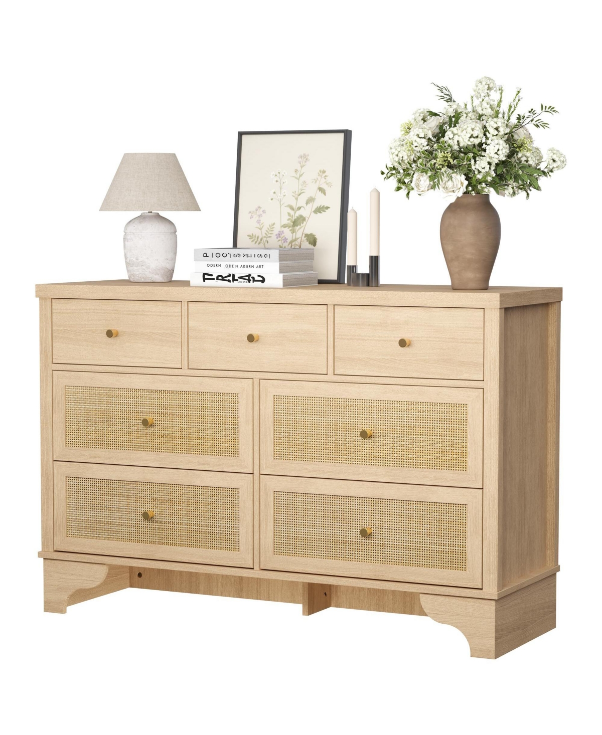 Gaomon 7 Drawer Dresser for Bedroom, 47.3" Wide Natural Rattan Chest of Drawers