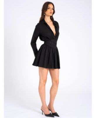 Women's Jamila Black Shirt Mini Dress with Embroidered Waist Detail