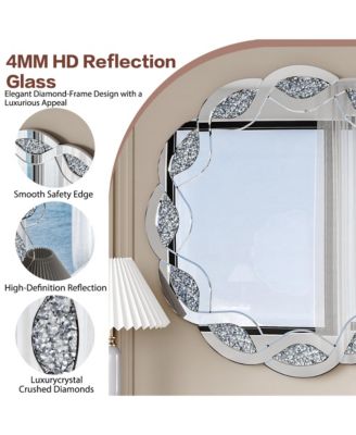 Crush Diamond Round Wall Mirror,31.5 Inch Wave Frame Decorative Mirror for Living Room,Bathroom,Bedroom,Hallway,Heavy Duty Frame