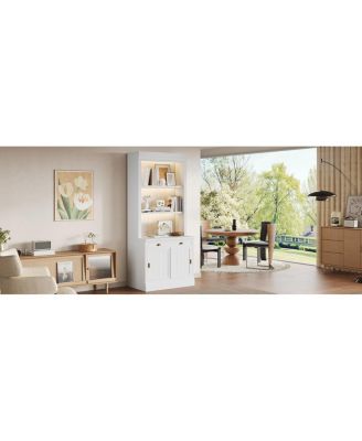  83.4" Tall Bookshelf with 3-Layer LED Lightings and Sliding Doors, White