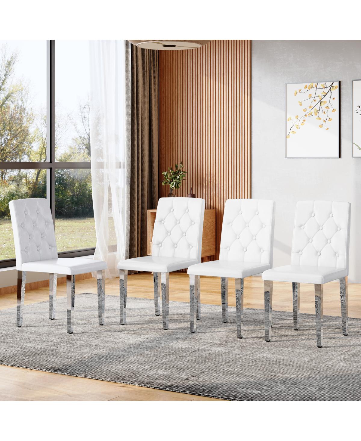 Streamdale Furniture 4-pack White Pu dining chairs, ergonomic buckle backrest, 35"H, silver legs.