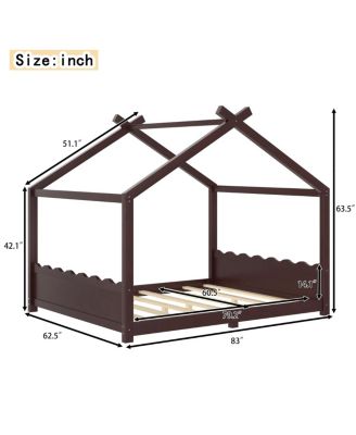 Queen House Floor Bed with Slats, Solid Wood House Bed Frame for Kids