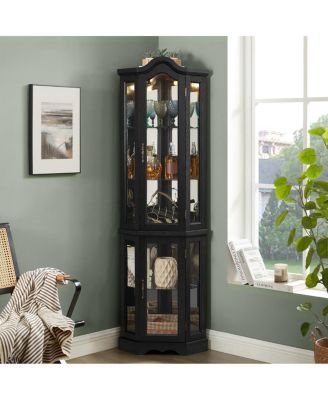 Lighted Oak Curio Cabinet with Tempered Glass Doors & Shelves - Black