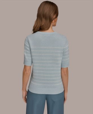 Women's Elbow-Sleeve Crew Neck Striped Sequin Sweater