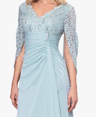 B&A By Betsy & Adam Petite Draped Lace Back Gown