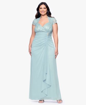 Plus Size Sequined-Lace Ruched Gown