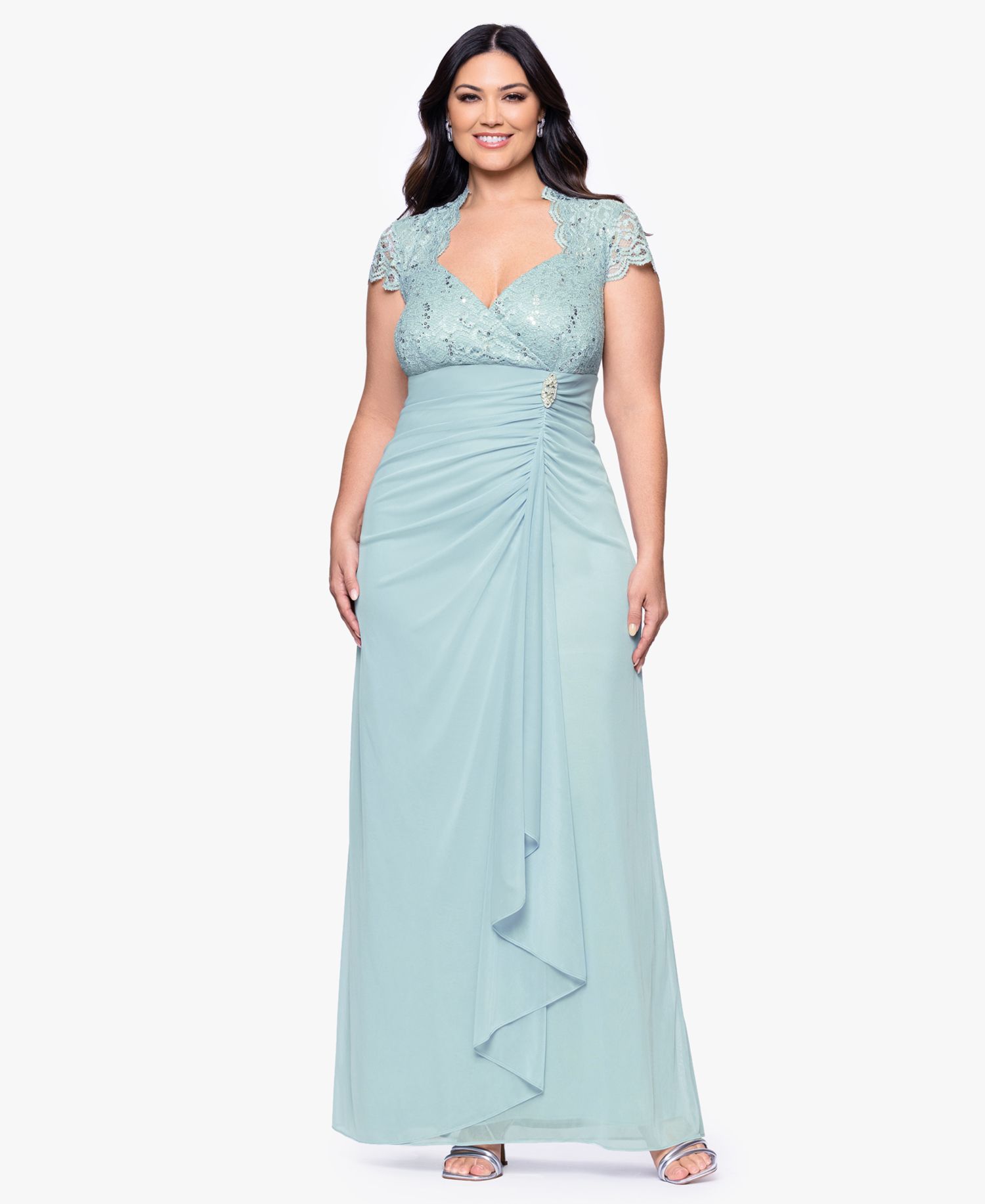 Plus Size Sequined-Lace Ruched Gown
