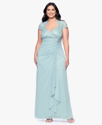 b&a by betsy & adam ruched lace sheath dress Betsy & Adam Women's Lace-Trim Ruched Jersey Gown - Black Nude