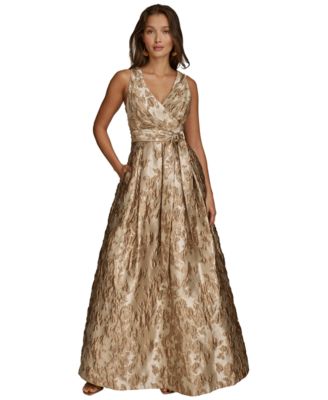 Petite Sleeveless Metallic Brocade V-Neck Ball Gown